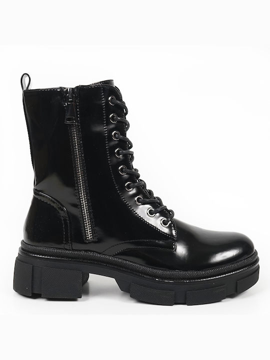 Piazza Shoes Women's Patent Leather Combat Boots Black