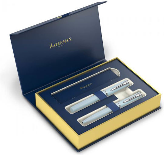 Waterman Stiftset Kugelschreiber mit Füller aus Stahl Blau
