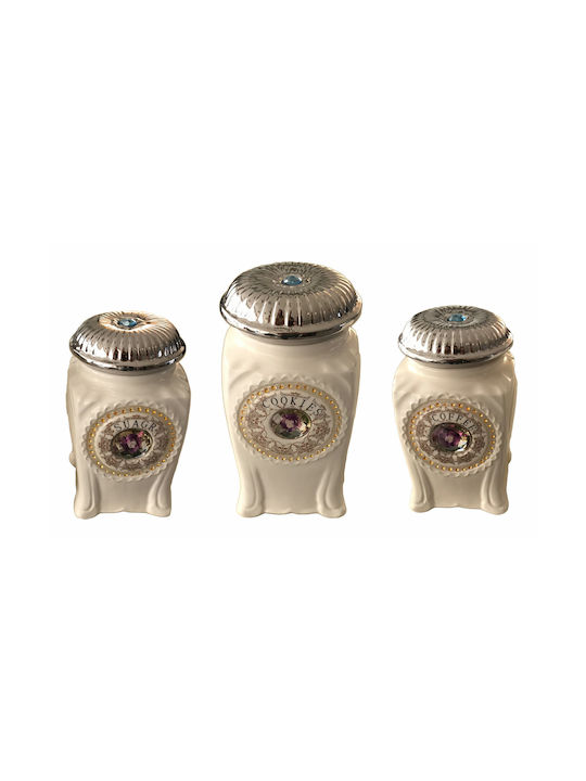 Karvounis Set of 3pcs Jars Coffee with Lid Ceramic Beige