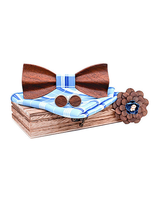 Legend Accessories Wooden Bow Tie Set with Pin, Cufflinks and Pochette Light Blue