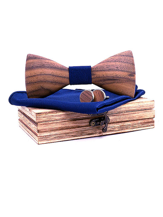 Legend Accessories Wooden Bow Tie Set with Cufflinks and Pochette Blue