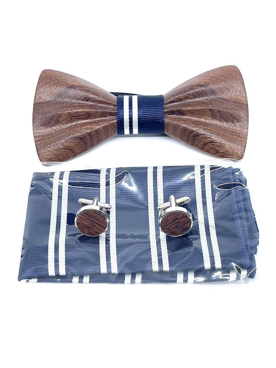 Legend Accessories Wooden Bow Tie Set with Cufflinks and Pochette Navy Blue