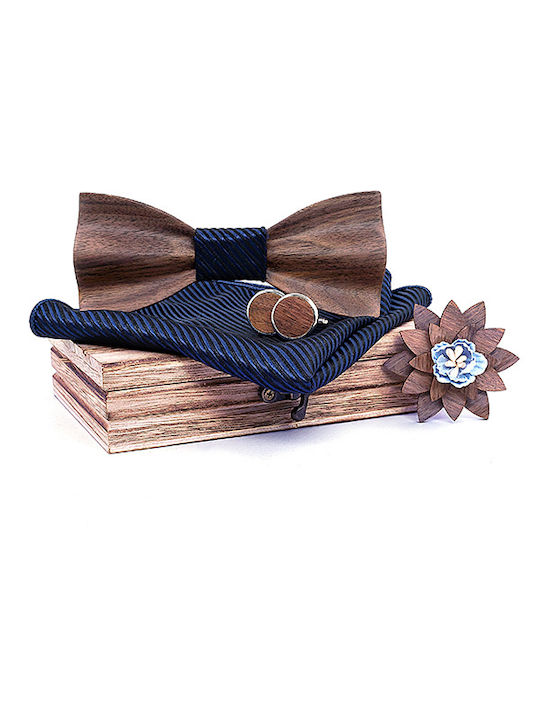 Legend Accessories Wooden Bow Tie Set with Pin, Cufflinks and Pochette Blue