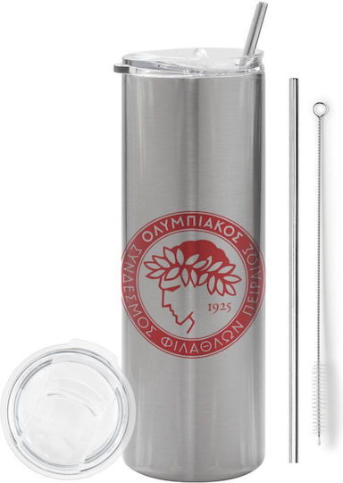 Koupakoupa Olympiacos Eco Friendly Stainless Steel Thermos Bottle BPA Free 600ml Silver with Straw