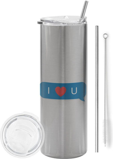 Koupakoupa I Love You Glass Thermos Stainless Steel BPA Free 600ml Silver with Straw