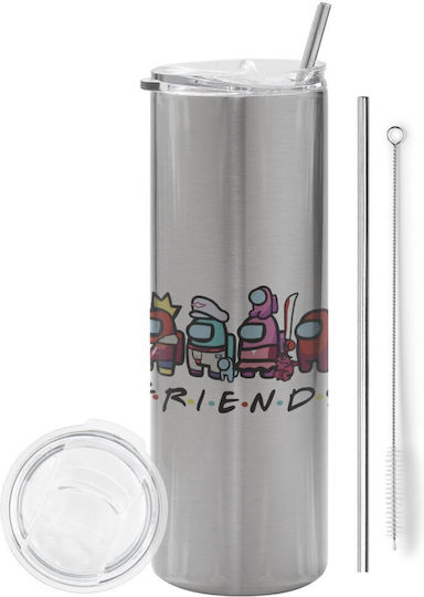 Koupakoupa US Glass Thermos Stainless Steel BPA Free 600ml Silver with Straw
