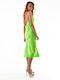 Summer Midi Evening Satin Drape Green Dress