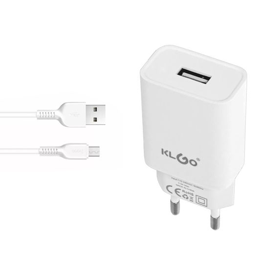 KLGO Încărcător cu Port USB-A și Cablu micro USB Albς (KC-09A)