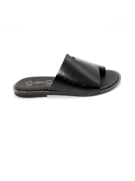 Santorini Sandals Leather Women's Flat Sandals in Black Color