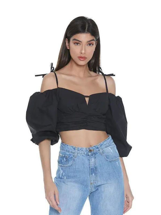 Relish Дамско Лятно Crop Top От рамо Къс Ръкав Черно