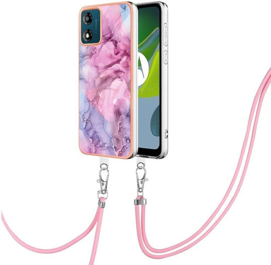 Electroplating Marble Back Cover Πλαστικό με Λουράκι Ροζ (Moto E13)