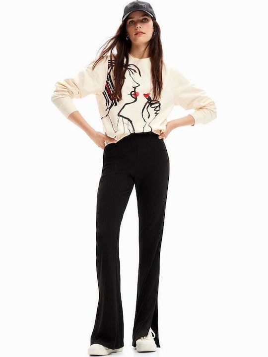 Women's High-waisted Fabric Trousers Flared with Elastic Black