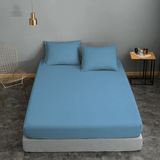 Le Blanc Single 100x200+22cm cu Elastic Cotton Line Albastru deschis