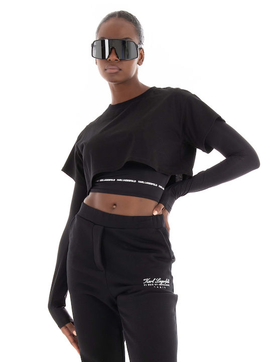 Karl Lagerfeld Damen Sommer Bluse Baumwolle Langärmelig Schwarz