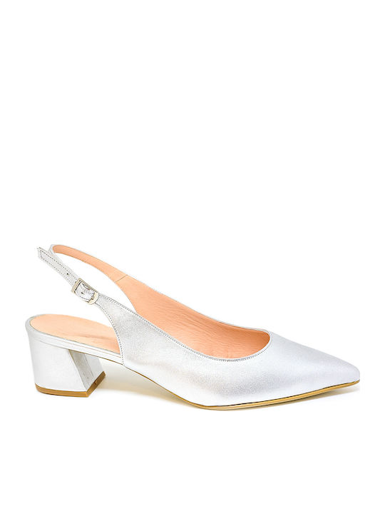 Leather Pointed Toe Silver Medium Heels with Strap