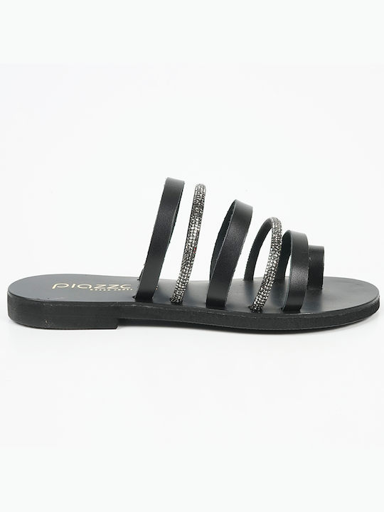 Piazza Shoes Leather Women's Flat Sandals in Black Color