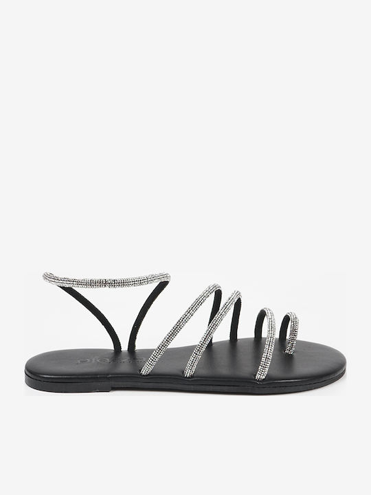 15209 Leder Flache Damen Sandalen Schwarz