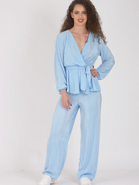 Epwnymo Damen Hellblau Set mit Hochtailliert Hose mit Gummizug in Lockerer Passform