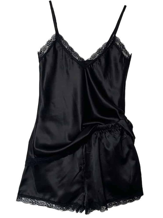 Cootaiya Sommer Damen Pyjama-Set Satin Schwarz