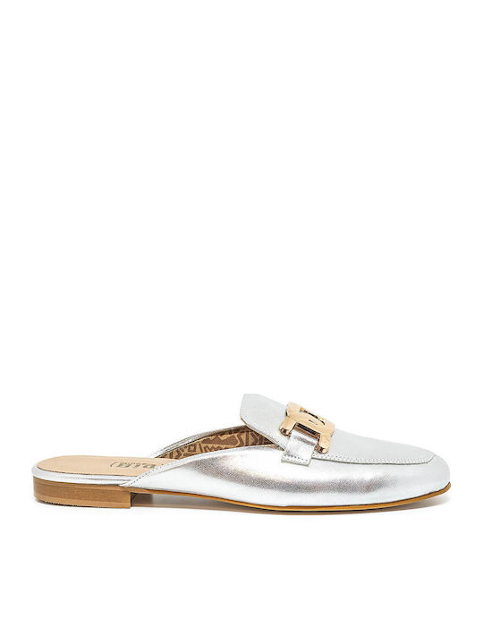 Bigshoes Flat Leather Mules in Silver Color