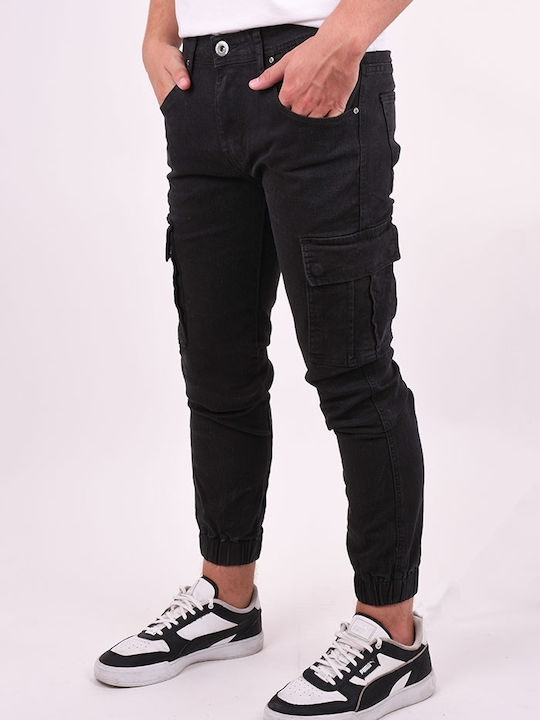 Leox Jeans Men's Elastic Slim Fit Black Cargo Jeans Pants