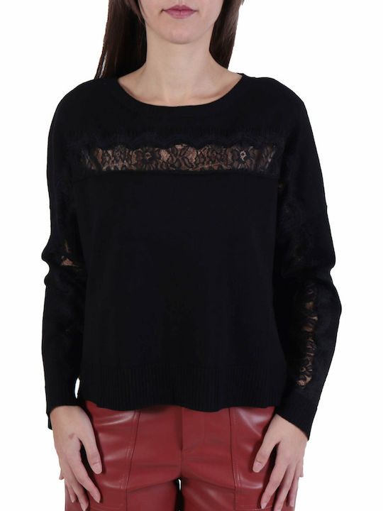 Relish Women's Long Sleeve Sport Knitting Sweater with Lace Black