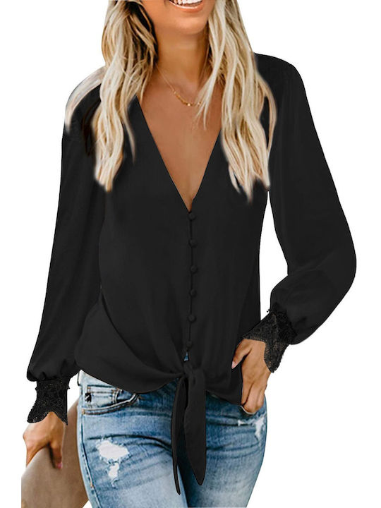 Amely Women's Blouse Long Sleeve with V Neck Black