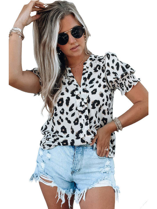 Amely Women's Summer Blouse Short Sleeve Animal Print White