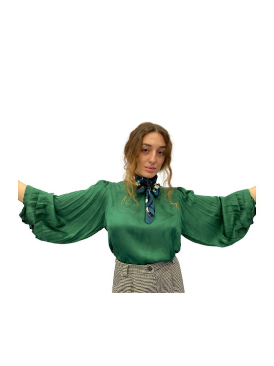 Tensione In Women's Summer Blouse Satin Long Sleeve Green