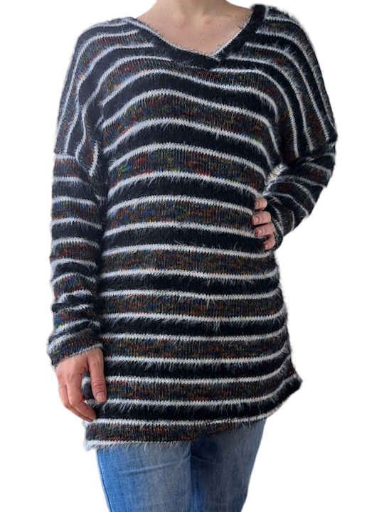 Remix Damen Langarm Pullover Gestreift Schwarz