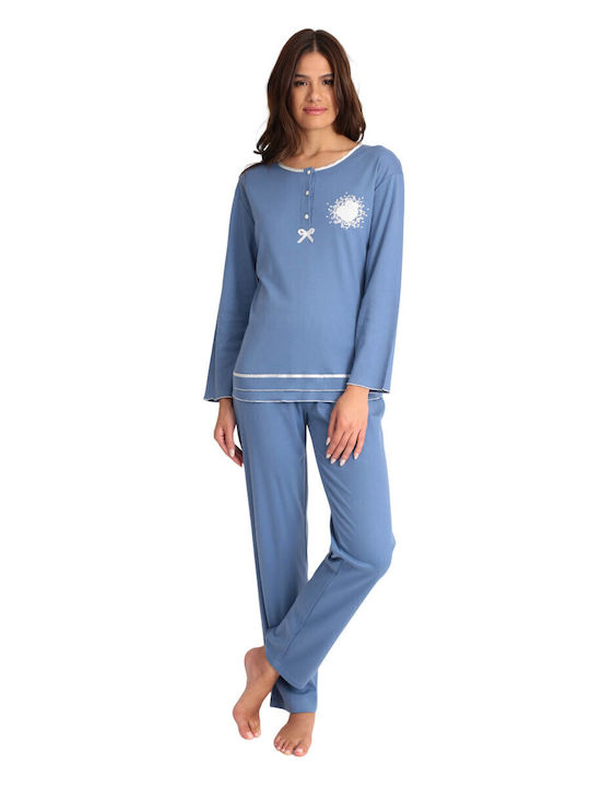 Lydia Creations Winter Damen Pyjama-Set Baumwolle Blau