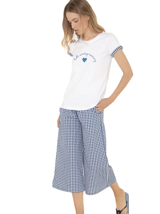 Noidinotte Sommer Damen Pyjama-Set Baumwolle Blau