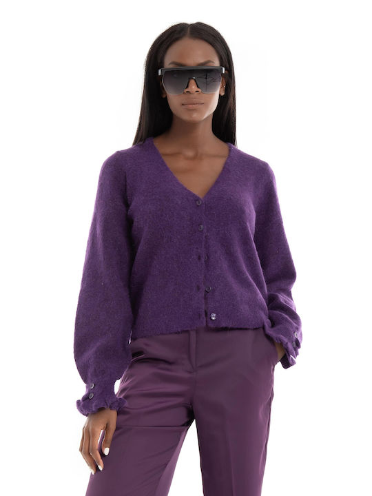 Selected Short Women's Knitted Cardigan with Buttons Purple