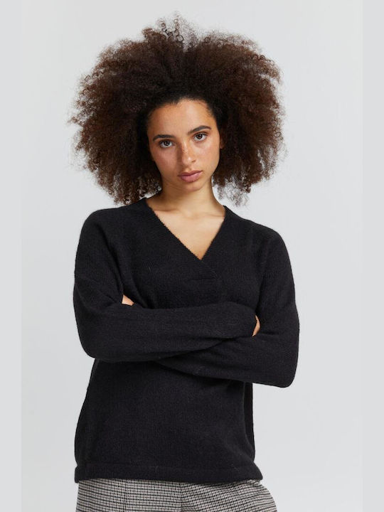 ICHI Women's Long Sleeve Sweater with V Neckline Black