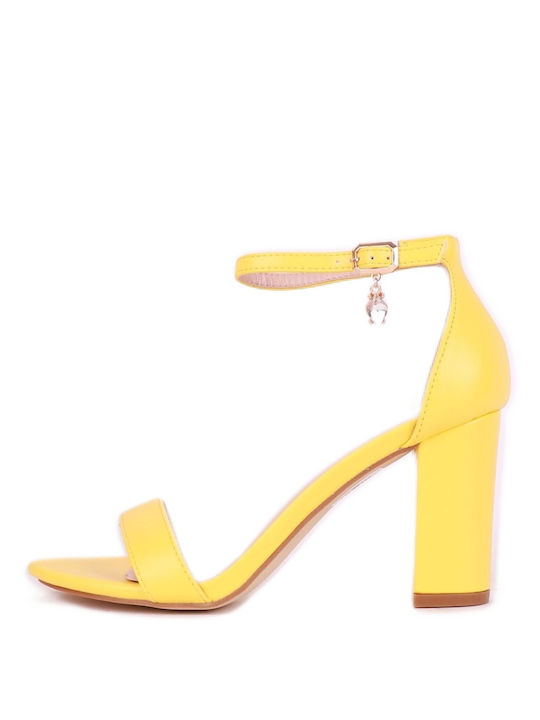 Diamantique Synthetic Leather Women's Sandals with Ankle Strap Yellow with High Heel