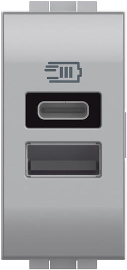 Bticino Walled Power Socket with 2 USB Ports Silver
