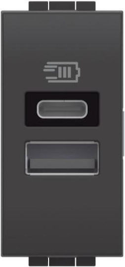 Bticino Walled Power Socket with 2 USB Ports Graphite