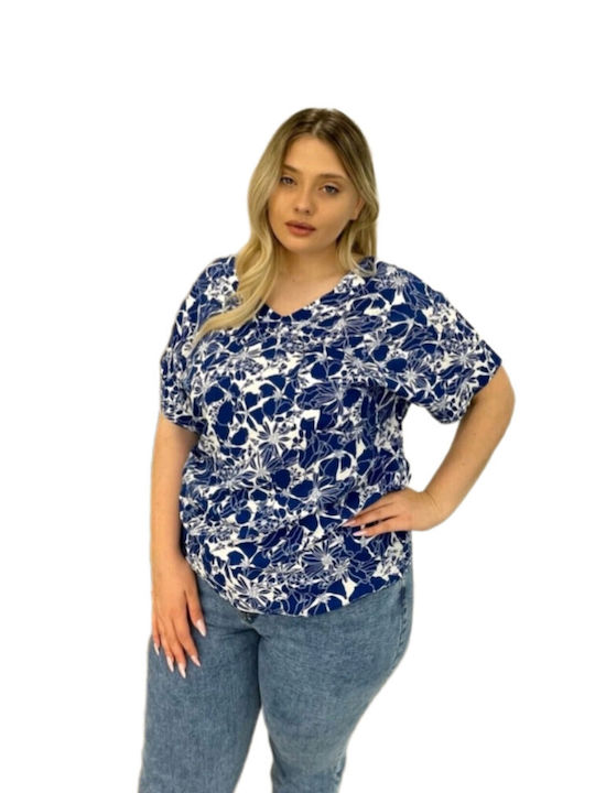 Voice Short Sleeve Women's Summer Blouse with V Neckline Floral Blue 27543E-BLUE