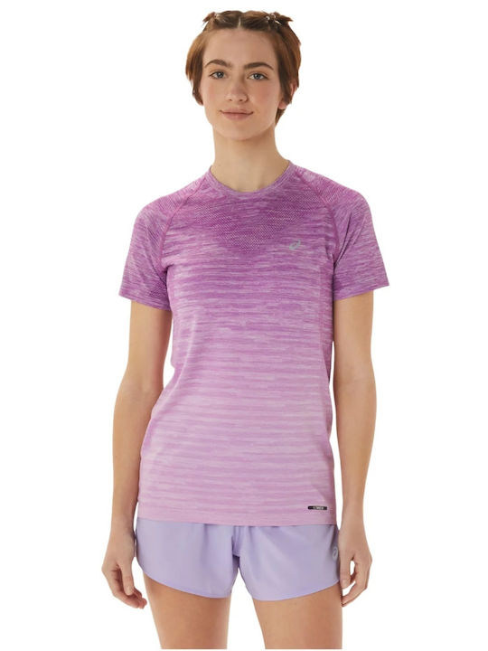 ASICS Damen Sport T-Shirt Gestreift Rosa