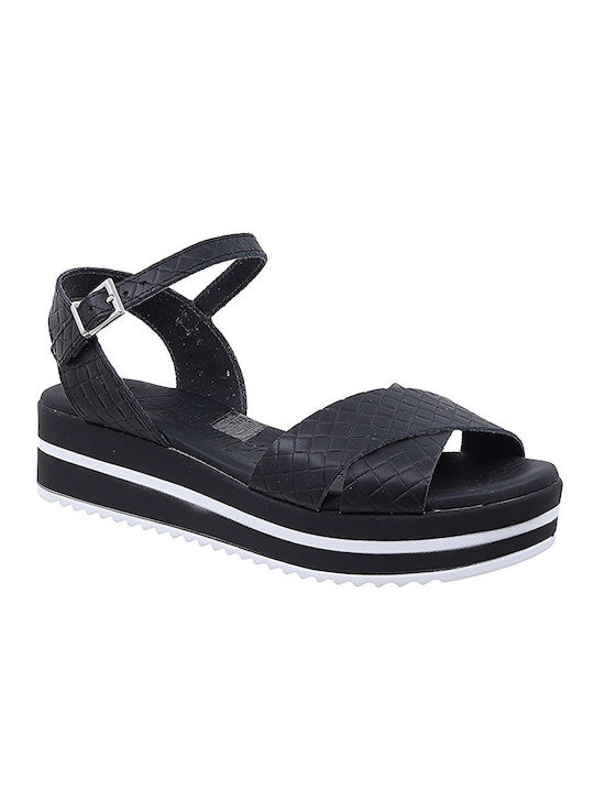 Oh My Sandals Leather Women's Flat Sandals Anatomic with Strap in Black Color