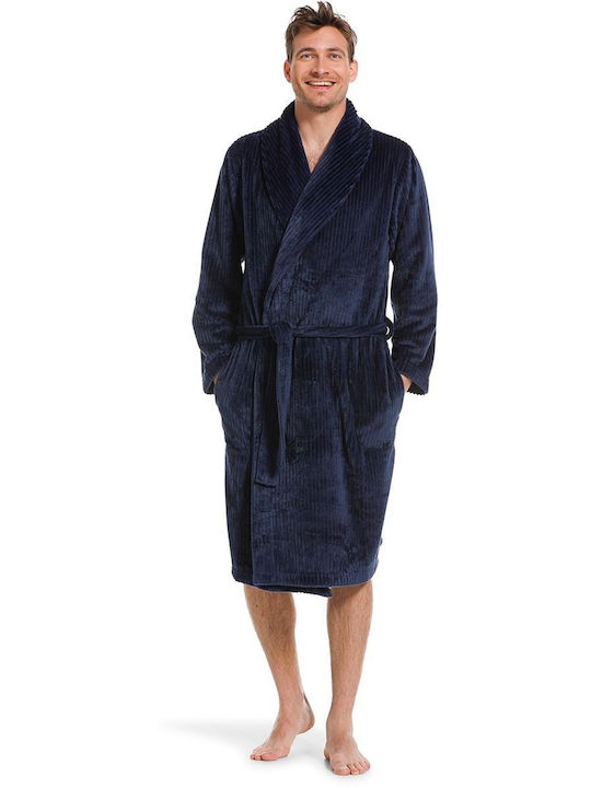 Ανδρική ρόμπα ανάγλυφη 73222-604-0 Μπλε Μαρίν Pastunette. Pastunette for Men mens dark blue wrap-over fleece robe 'cool lines