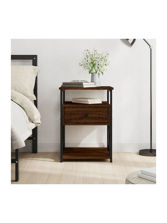 Wooden Bedside Table with Metallic Legs Καφέ Δρυς 40x42x55cm