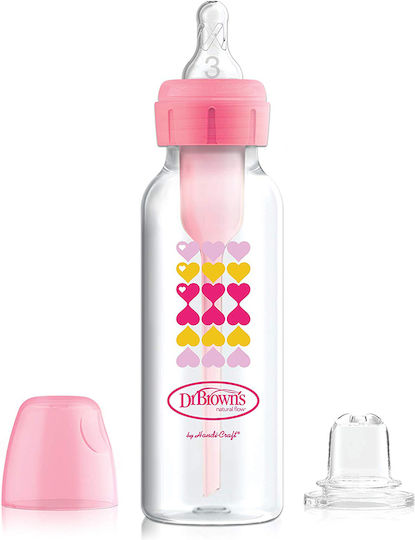Dr. Brown's Plastic Baby Bottle with Silicone Teat for 6+ Months Pink Hearts - Pink 250ml