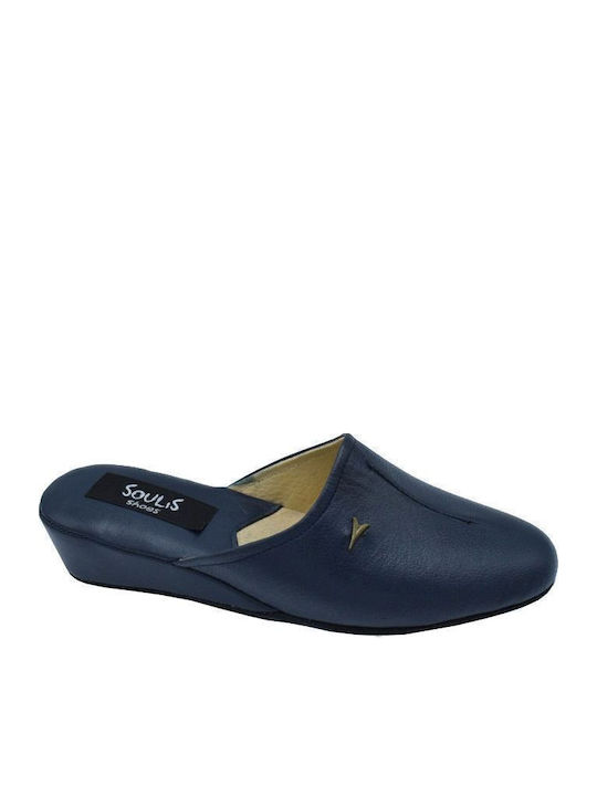 Blue Leather Winter Women's Slippers