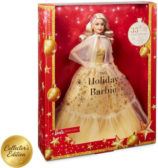 Barbie 2023 Holiday Golden Gown and Blond Hair Collectible Doll for 6+ years old+ Years
