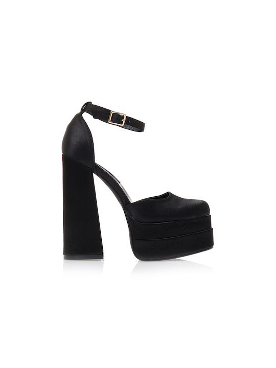 Mohicans Black Line Black Medium Heels with Strap