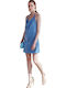 Summer Mini Evening Dress Draped Checkers - Blue