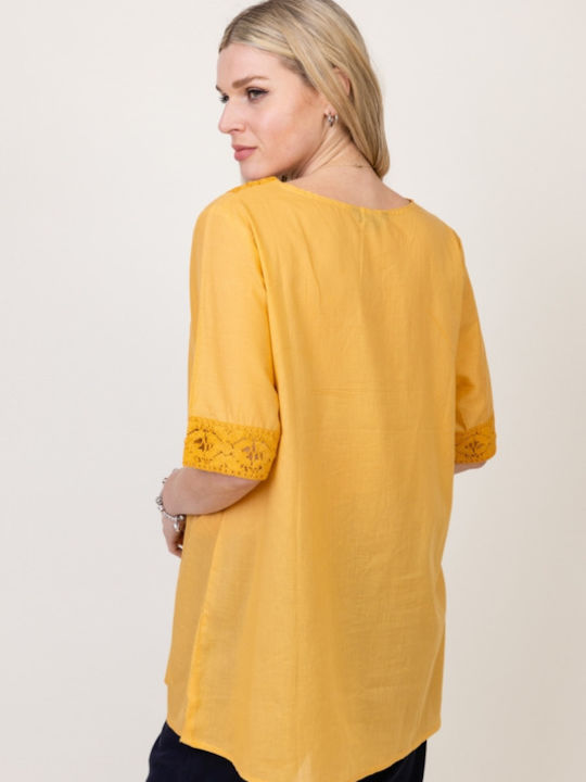 Pronomio Women's Summer Blouse Cotton Short Sleeve Yellow