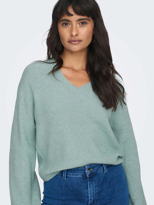 Only Women's Long Sleeve Pullover with V Neck Aquamarine
