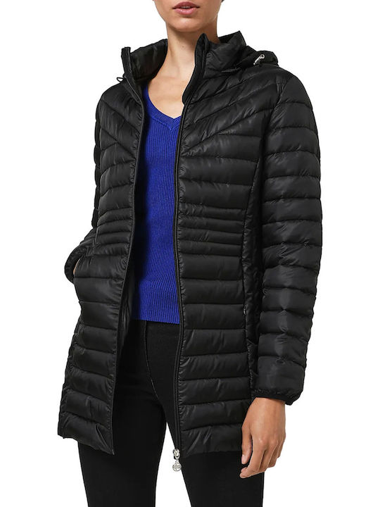 Julie Guerlande Women's Long Puffer Jacket for Spring or Autumn with Detachable Hood Black